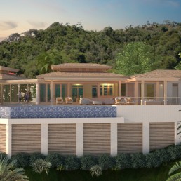 Caribpura – Suizos model 02, residence exterior with lawn and palms by Hugo Coello Architects