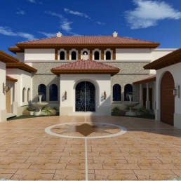 Casa Upshaw – front entry with arches, columns, and courtyard facade