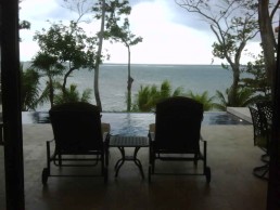 Outdoor patio dining area with ocean view