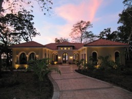 Spanish-colonial courtyard and fountain at sunset