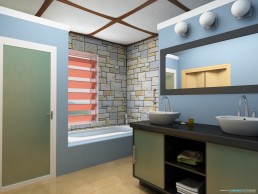Lux Villas – bathroom interior with vanity, mirror, and tile finishes
