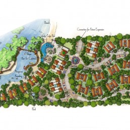 Bahía Corozal – coastal development rendering with beachfront lots and palms by Hugo Coello