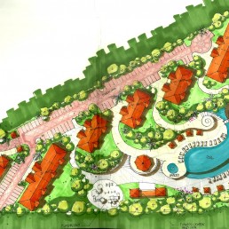 Master Plan – community site plan rendering with roads, lots, and green spaces by Hugo Coello Architects
