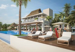 Njoi Marina Village – mixed-use street with cafés, balconies, and retail frontage