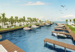 Njoi Marina Village – waterfront promenade and marina with boats, architectural rendering by Hugo Coello Architects