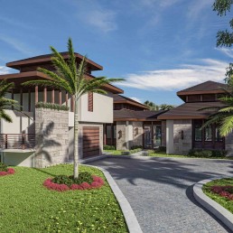 Davis Residence – architectural rendering of Mediterranean-style home with palm landscaping by Hugo Coello Architects
