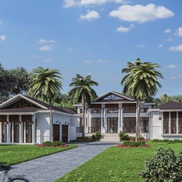 Casa Cook – residential rendering with palm-lined driveway and modern facade by Hugo Coello Architects