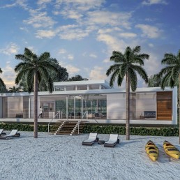 Casa Maddock – residential rendering with pool terrace, palm trees, and covered veranda