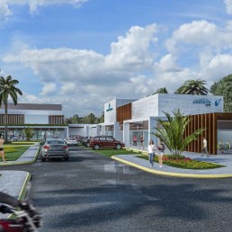 Maxcom Plaza – retail center facade with signage and storefronts, architectural rendering