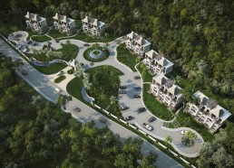 Santa Fé Condominiums – aerial master plan of community layout and amenities by Hugo Coello Architects