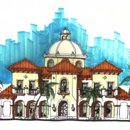 Private Residence – exterior elevation with domed roof elements and vibrant accents by Hugo Coello Architects