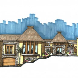 Private Residence – exterior rendering with Mediterranean-style facade, arches, and palm landscaping by Hugo Coello Architects