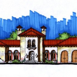 Casa de Campo — front-elevation illustration of a single-story villa with central arched entry and two side wings, blue sky background