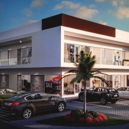 Mixed-use plaza rendering with balconies by Hugo Coello Architects